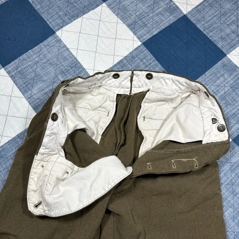 True Vintage 50s Military Wool Trousers Olive Drab Button Fly Suspender Buttons